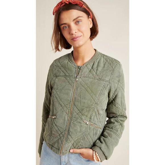 NWT By Anthropologie Valentina Quilted Bomber Jacket Green Floral Womens Small - Picture 1 of 7
